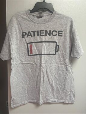 Gildan Gray 'PATIENCE' Battery Graphic Tee with Red Accent